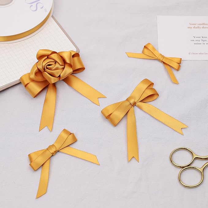 Old Gold Satin Ribbon, Double Faced 1/4 Inch X 25 Yards Old Gold Ribbon, Premium Satin Ribbon for Gift Wrapping, Crafts, Hair Bow Making, Sewing, Flower Bouquet, Wedding Party Decor