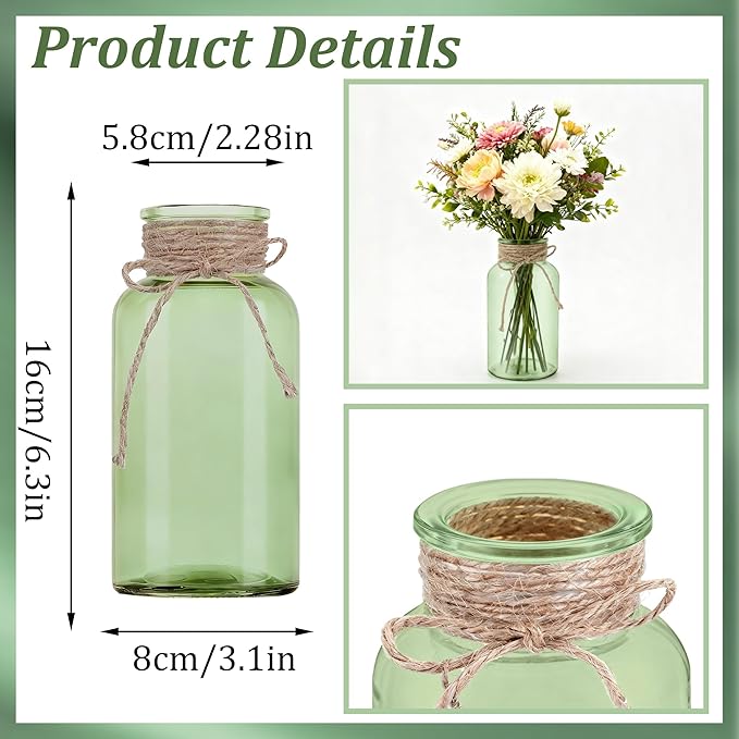 Vintage Glass Flower Vase，3Pack Farmhouse Green Glass Centerpiece Vases Mason Jars for Weddings, Parties & Home Decor Bulk (3, Green)