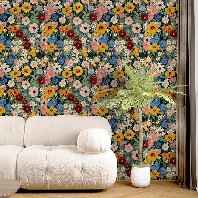 Watercolour Floral Peel and Stick Wallpaper Colorful Boho Contact Paper Renter Friendly Wall Paper for Countertop Cabinet Shelf Liner Removable 17.5 x 118In