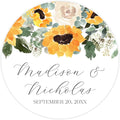 Personalized Floral Wedding Stickers with Your Choice of 30 Flower Styles - Choose Font and One of Five Pre-made Phrases or Add Custom Text (029 - Sunflowers)