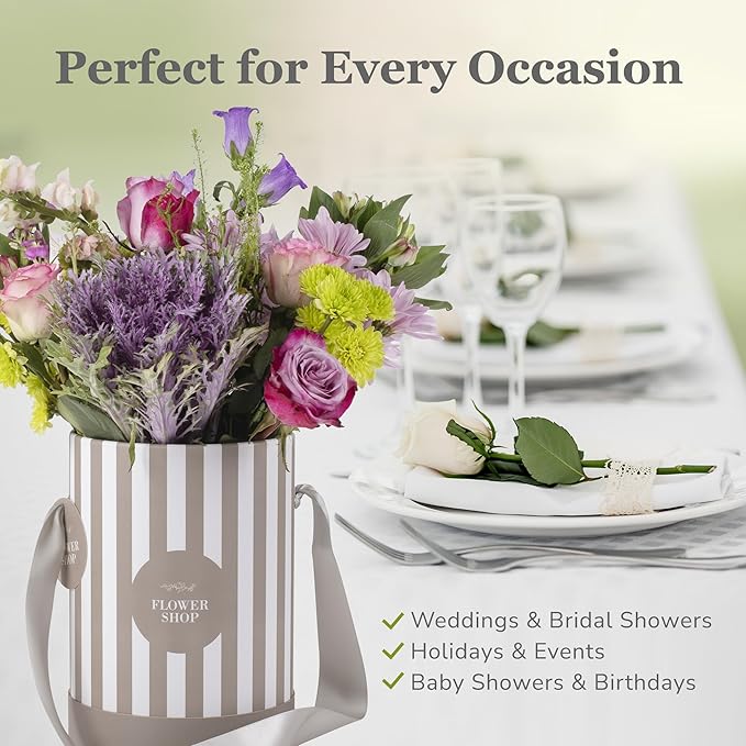 Striped Flower Hat Box 2 Pack | Round Flower Boxes for Arrangements | Satin Ribbon Handle & Waterproof Liner | Gift Box for Flowers with Lids