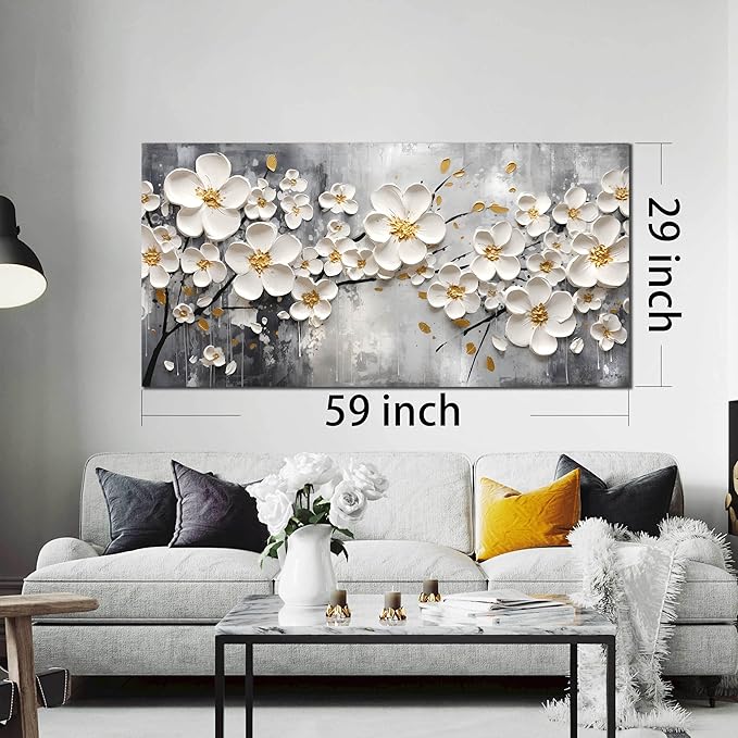Large Pictures for Living Room - White Flower Canvas Wall Art for Bedroom - Modern Wall Decor for Office Women Size 29" x 59"