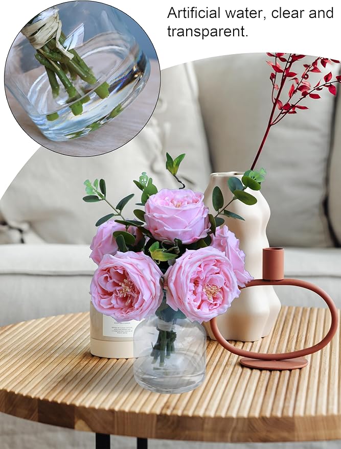 Forlaoers Real Touch Pink Floral Rose Fake Flower Bouquet in Fake Water Silk Flower Arrangements Artificial Flowers with Vase Centerpieces for Center Table Decor Dining Room House Kitchen Decorations