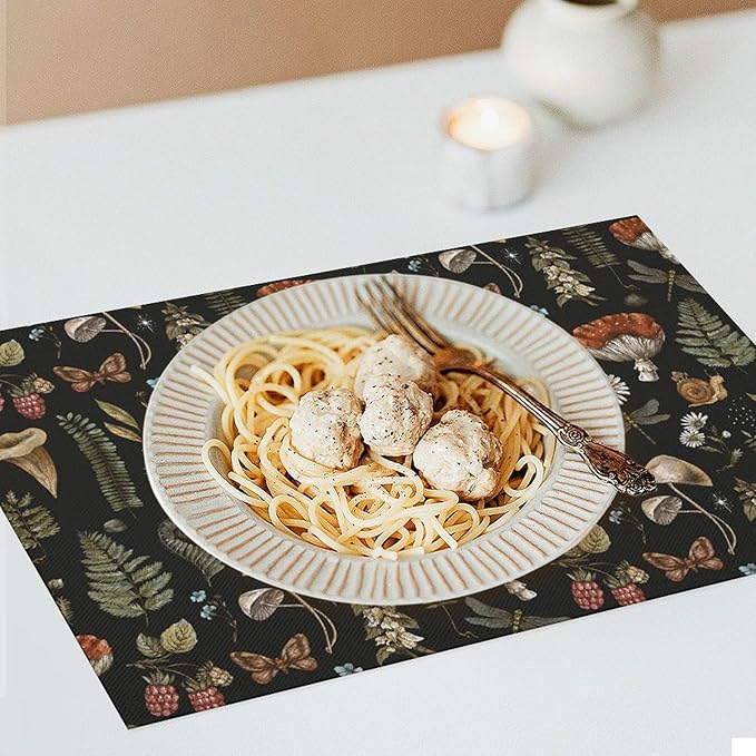 Mushroom Placemats Set of 4,Vintage Gothic Mushroom Fern Kitchen Place Mats Linen 12x18 Inch,Black 4 PCS, Style-5