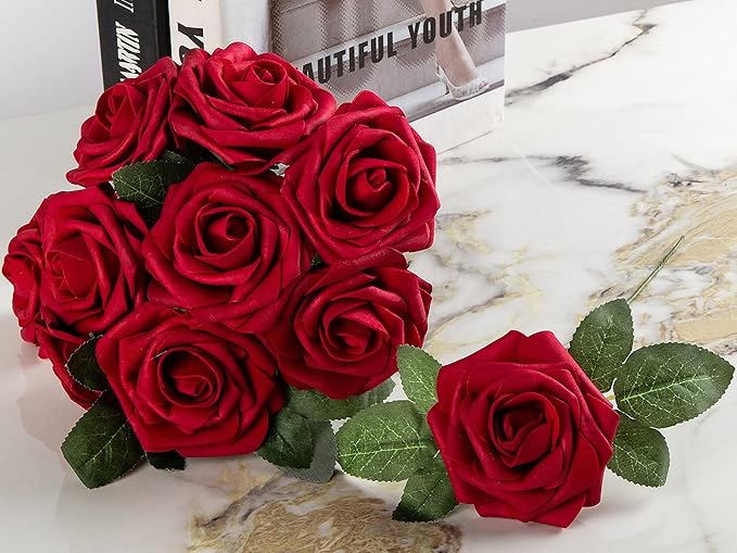 Red Artificial Flower Silk Rose 50pcs Fake Rose with Stems Leaves for Home Decoration Party Garden Centerpieces DIY Wedding Bouquets（Dark Red）