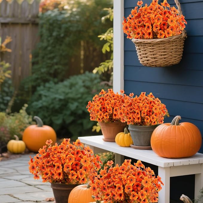 Fall Artificial Flowers for Outdoors Fake Mums for Outside 20 Bundles Faux Silk Orange Dasiy Flower Look Real UV Resistant No Fade Faux Fall Flowers for Front Door Porch Autumn Decoration