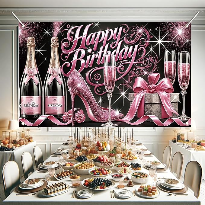 Happy Birthday Backdrop Banner Glitter High Heels Wine Glass Photography Background Poster for Women Girls Birthday Party Decorations Supplies 71 x 43 Inch