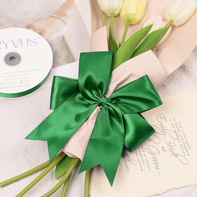 Green Satin Ribbon, Double Faced 2 Inch X 25 Yards Green Ribbon, Premium Satin Ribbon for Gift Wrapping, Crafts, Hair Bow Making, Sewing, Flower Bouquet, Wedding Party Decor