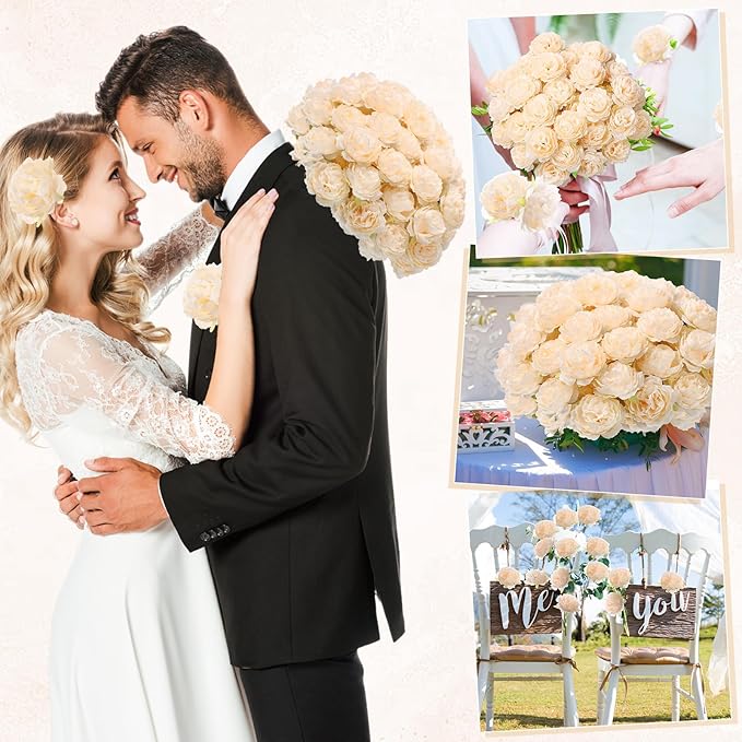 200 Pcs Flowers Long Stem Artificial Rose Bulk, 3.2 Inches Silk Rose Head Flowers Faux for Wedding Bridal Bouquet Independence Day Home Floral DIY Centerpieces Party Decoration(Champagne)