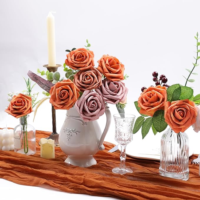 Meldel Artificial Flowers 25pcs Real Looking Burnt Orange Foam Fake Roses with Stems for DIY Wedding Bouquets Bridal Shower Centerpieces Floral Arrangements Home Decorations