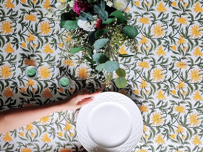ATOSII 'Noor' 100% Cotton Boho Rectangle Tablecloth, Handblock Floral Print Linen Table Cloth for Dining Table I Tabletop I Parties/Outdoor I Wedding I Spring/Summer (60" X 90")