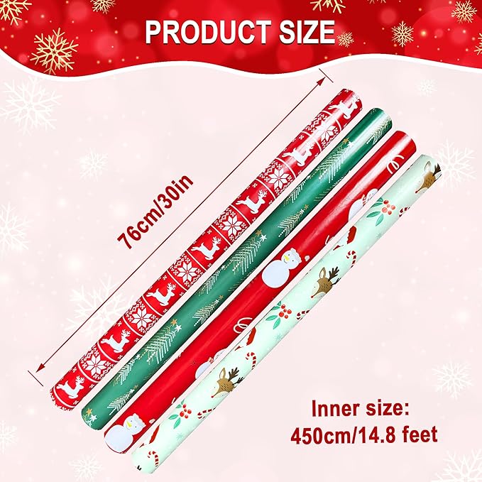 Hexablenzio Christmas Wrapping Paper Bulk Set of 4 Rolls (148 sq. ft. ttl) Santa Claus, Reindeer, Christmas Tree, Snowman Patterns for Holiday Gift Wrap - 30 inches x 14.8 feet Per Roll