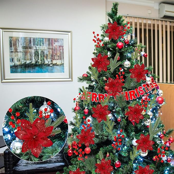 12 PCS Poinsettia Flower Artificial Red Christmas Flowers Artificial 5.5'' Glitter Poinsettias Artificial Christmas Tree Flower with Clips DIY Xmas Wreath Holiday New Year Home Party Decor