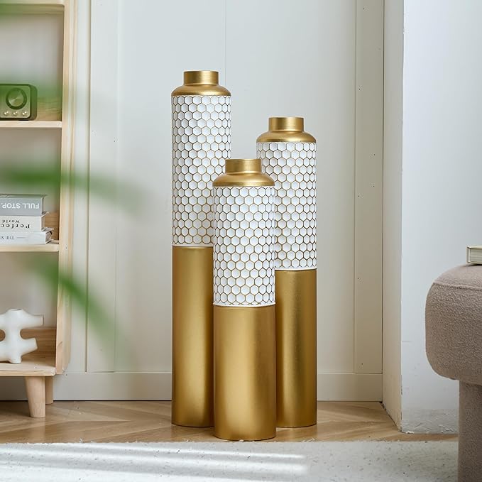 Floor Vases, Tall Home Decor Metal Vase Set of 3 Large Glazed Decorative Vases for Wedding Decor, Elegant Modern Flower Holder for Living Room, Entryway, Hallway, Dining Room