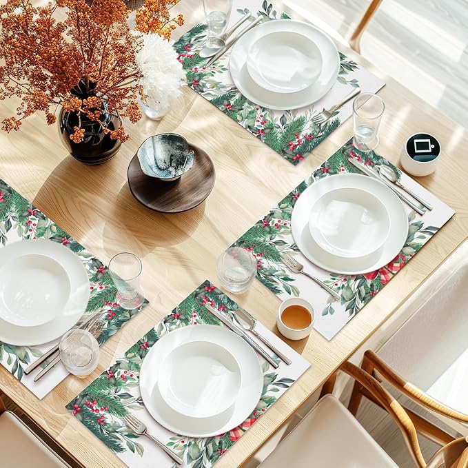Red Berries Bow Christmas Placemats Set of 4, Dining Mat Cotton Linen Waterproof Table Mats Decor Fabric for Christmas Holiday Kitchen Dinner Table, Washable Wipeable Placemat -N038