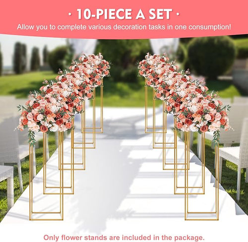 10Pcs Gold Wedding Flower Stands, Metal Column Flower Holder Gold Flower Centerpieces Stands Wedding Metal Centerpieces Rectangular Vase for Wedding Decorations Party Event (10Pcs 31.4in)
