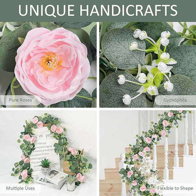 TOCHGREEN 2 Pack 13Ft Artificial Eucalyptus Flower Garland with Pink Camellia, Fake Flower Greenery Garland Floral Vines for Wedding Home Party Room Table Runner Decor (2PCS, Pink)