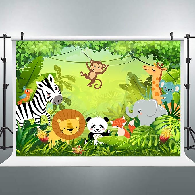 Riyidecor Jungle Safari Animal Backdrop Polyester Fabric Green Animation Kids Panda Lion 7Wx5H Feet Cute Wildlife Zoo Zebra Photography Background Birthday Baby Shower Photo Studio Shoot