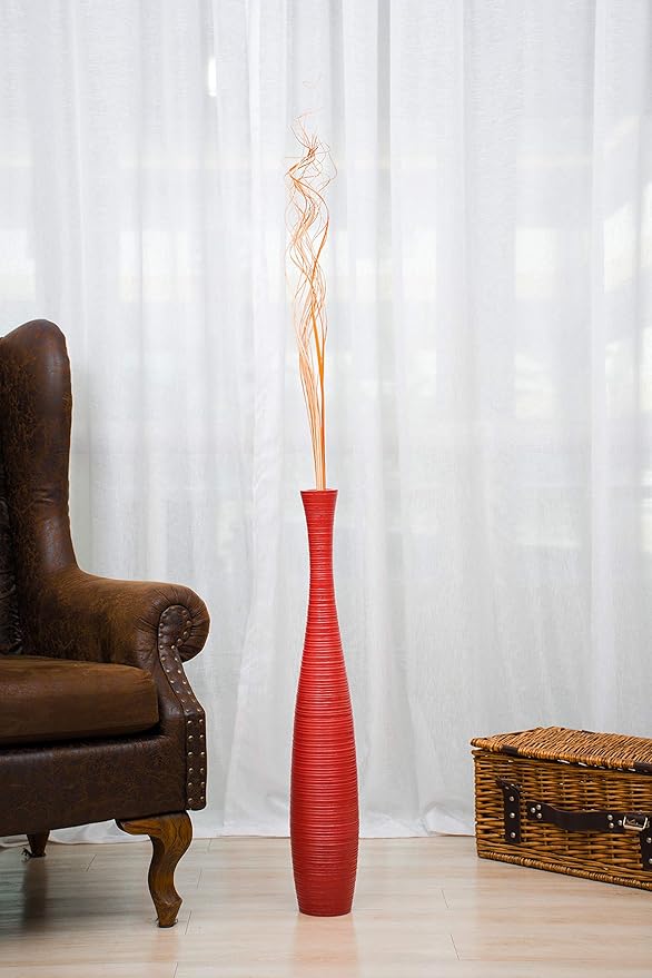 Leewadee Large Red Home Decor Floor Vase - Wooden 26 inch Tall Farmhouse Decor Flower Holder for Fake Plant and Pampas Grass