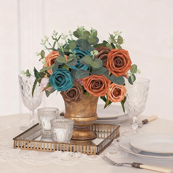 Artificial Flowers, 25pcs Artificial Rose for DIY Wedding Bouquets Centerpieces Arrangements,Teal Green Terracotta Brown Foam Roses with Stem for Party Home Decorations