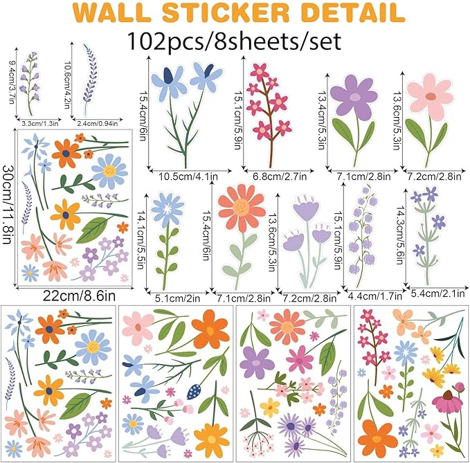 Wild Flower Wall Decals - Peel and Stick Removable Floral Wall Stickers for Nursery, Bedroom, Living Room Decor (8 Sheets 102 Pcs Wildflower Mural Art, Garden Theme)