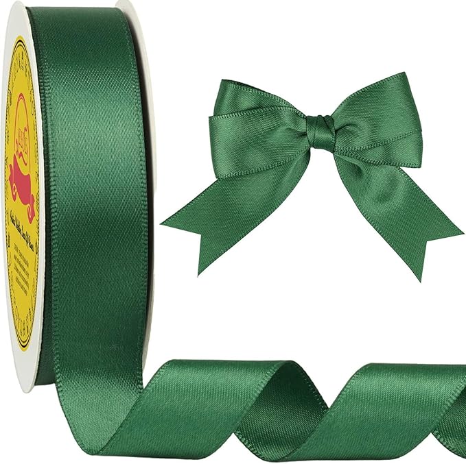 Double Face Forest Green Satin Ribbon 7/8 inch X 25 Yards Polyester Forest Green Ribbon for Gift Wrapping Very Suitable for Weddings Party Invitation Decorations and More