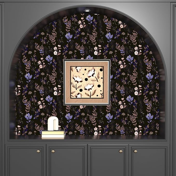 Black Floral Wallpaper Peel and Stick Purple Leaf Contact Paper 17.4" X 118" Moody Dark Wallpaper Waterproof Self-Adhesive Vintage Wall Covering for Bedroom Countertop Desk Cabinets Decor