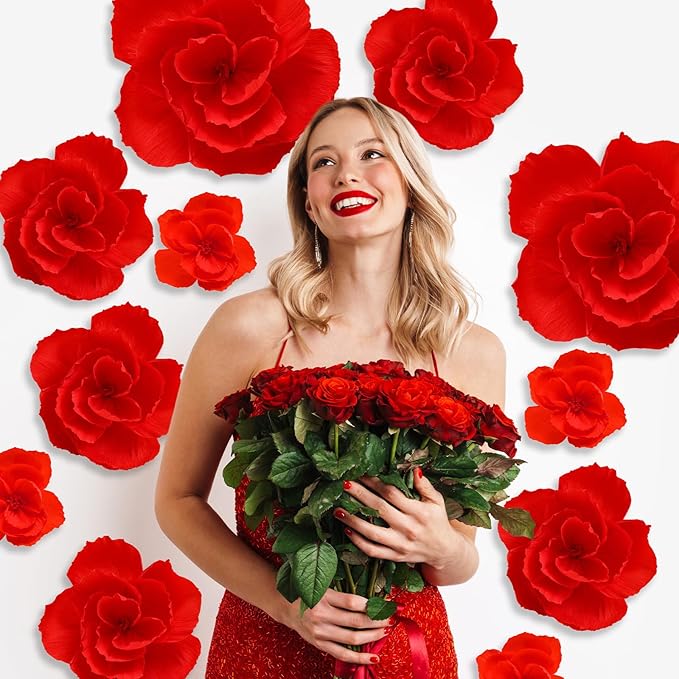 Giant Paper Flowers Artificial Large Paper Flower Decoration for Handcrafted Wall Backdrop Christmas Mexican Wedding Graduation Bridal Shower Birthday Party Supplies(Red,12 Pcs)