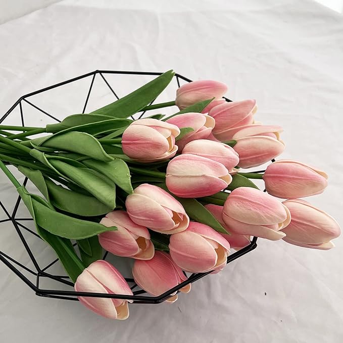20pcs Artificial Tulips Flowers Fake Faux PU Tulip Bouquet Real Touch Flower Arrangement for Home Room Office Party Wedding Decoration Excellent Gift Idea for Mothers Day (Light Pink 20)