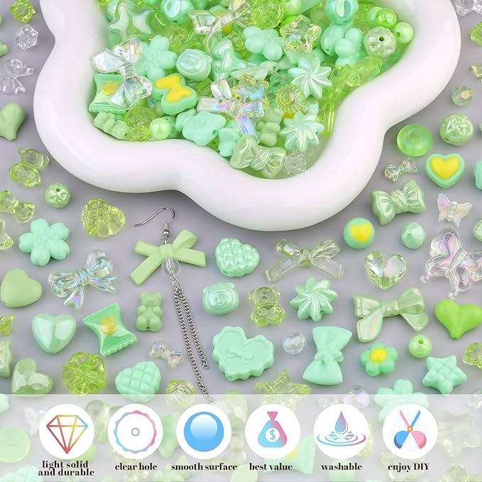 Assorted Acrylic Beads, 200-260PCS Green Cute Beads for Bracelet Making, GummyBear Bow Flower Candy Kawaii Charms for Jewelry Making DIY Necklace Keychain Phone Charm Christmas Gift