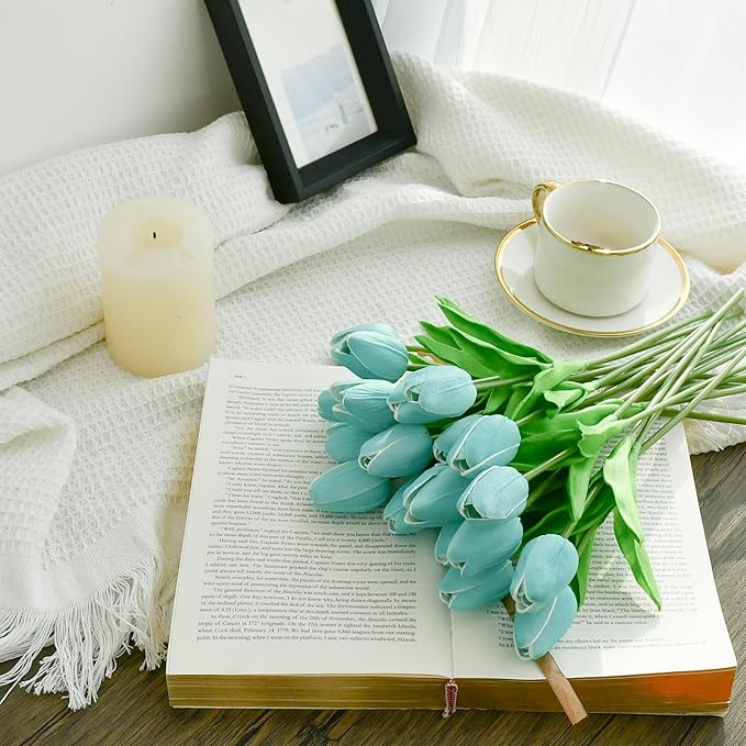 Mandy's Artificial Tulips 20 Stems Robin Egg Blue PU Faux Flowers for Thanksgiving and Christmas Decorations Wedding Home Decor 13.5 Inch