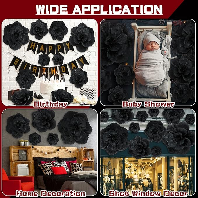 Giant Paper Flowers Artificial Large Paper Flower Decoration for Handcrafted Wall Backdrop Christmas Mexican Wedding Graduation Bridal Shower Birthday Party Supplies(Black,24 Pcs)