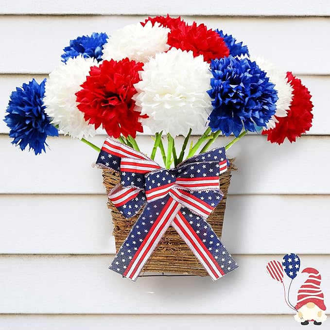 Tinsow 12 pcs Artificial Flower Patriotic Memorial Bouquet Red White and Blue Faux Ball Chrysanthemum Bouquet 4th of July Flowers Silk Flowers Arrangement for Home Party Centerpiece Vase Decor