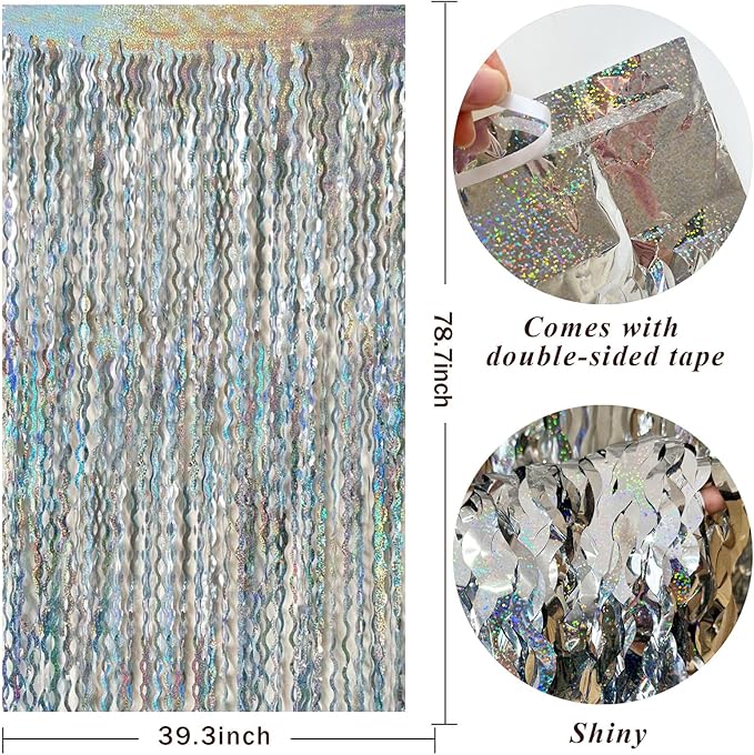 2 Pack Silver Backdrop Curtain Tinsel Streamers Sparkle Metallic Wavy Foil Fringe Photo Booth Props for Birthday Graduation Bachelorette New Year Christmas Wedding Disco Party Decorations