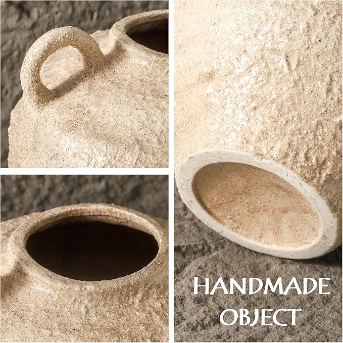 Ceramic Flower Vase, Large Farmhouse Vases Home Decor, Handmade Rustic Vase with Handles, Decorative Flower Vase for Home Entryway Living Room Dining Table Farmhouse Office Decor(10.1inch)