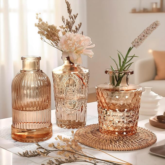 Amber Glass Vase Set of 12, Clear Bud Vases in Bulk, Mini Vases for Flowers, Small Flower Vases for Centerpieces, Vintage Decorative Embossed Vase for Home Decor, Wedding Table Decoration