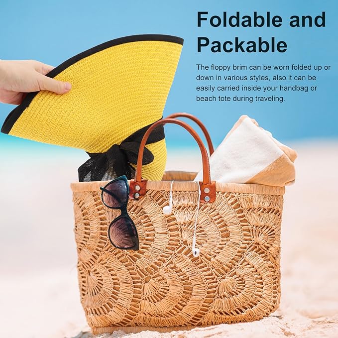 DRESHOW Beach Hats for Women Big Straw Wide Brim Summer Hat Floppy Foldable Roll up Cap Sun Hat UPF 50+