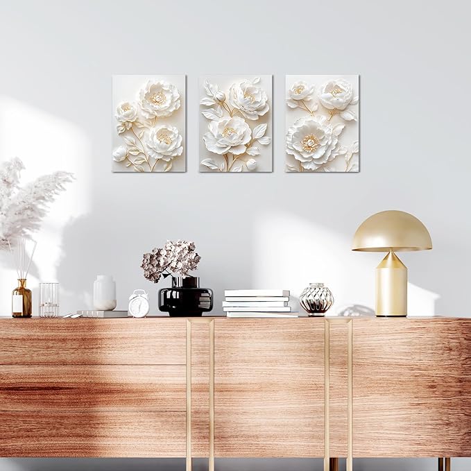 Sepwrol White Flower Canvas Wall Art Modern Abstract Rose Blooming Floral Textured Printing Artwork for Home Bedroom Living Room Wall Decor, 12"x16" 3 Panel (White-3)