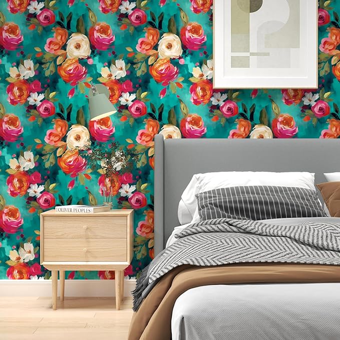 Watercolour Floral Peel and Stick Wallpaper Boho Vibrant Contact Paper Renter Friendly Wall Paper for Living Room Bedroom Drawer Cabinet Removable 17.5 x 78.5In