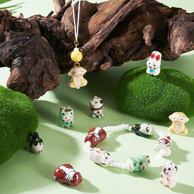 Beadthoven 7Pcs Animals Ceramic Beads, Assorted Printed Handmade Porcelain Beads Colorful Pattern Cow Rabbit Dog Penguin Loose Craft Spacers for DIY Crafts Bracelet Earring Necklace Jewelry Making