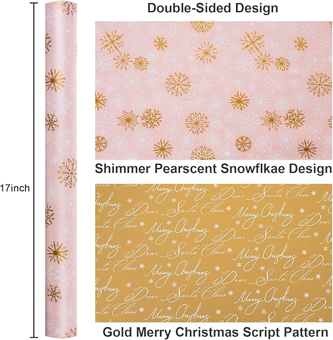 Yarcony Pink Christmas Wrapping Paper Roll, Gold Snowflakes Wrapping Paper, Reversible Pastel Winter Snowflake Theme Christmas Gift Wrap for Holiday Present, Gift Packaging, Party(17Inch x 33Feet)