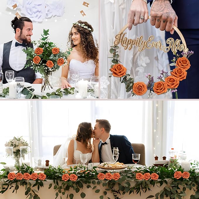 100PCS Artificial Flowers Burnt Orange Roses Real Looking Foam Fake Roses with Leaves and for DIY Wedding Bouquets Bridal Shower Centerpieces Party Decorations (Burnt Orange, 100)