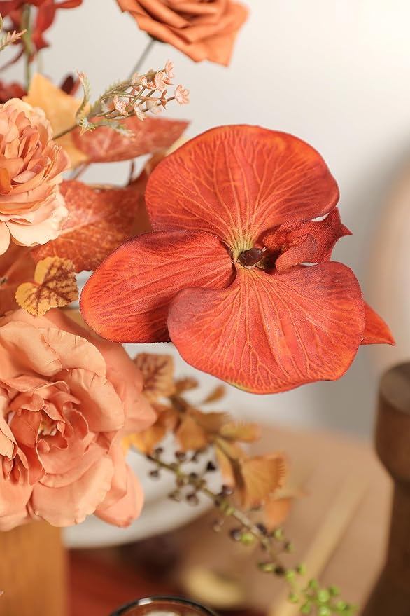 Burnt Orange Artificial Flowers Set - Fake Roses, Peonies, Silk Flowers with Stems for DIY Wedding Bouquets,Floral Arrangement,Table Centerpieces,Baby Shower, Home Decor