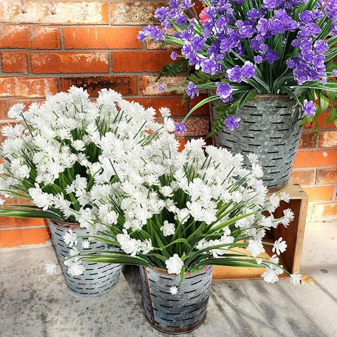 8 Bundles Artificial Flowers, Fake Artificial Greenery UV Resistant No Fade Faux Plastic Plants for Wedding Bridle Bouquet Indoor Outdoor Home Garden Kitchen Office Table Vase (White)