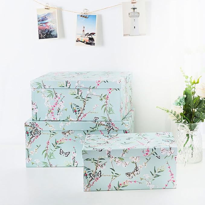 Soul & Lane Butterflies in Flight Photo Storage Boxes (Set of 3): Nesting Boxes with Lids, Floral Decorative Cardboard Containers, Paperboard Picture Storage for Photos, Nature Decor Cartons