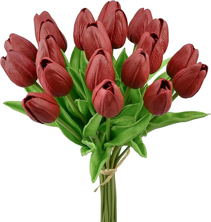 Mandy's Artificial Tulips 20 Stems Burgundy PU Faux Flowers for Thanksgiving and Christmas Decorations Wedding Home Decor 13.5 Inch