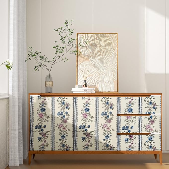 Vintage Floral Wallpaper Peel and Stick Boho Wallpapers 17.5in x32.8ft Blue/Beige Floral Wall Mural Vinyl Removable Self Adhesive Nursery Modern Wallpaper for Bookshelf Cabinets Bathroom Walls