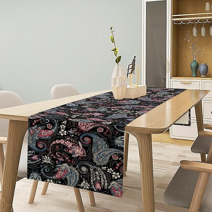 Bohemian Table Runner, Black Blue Pink Paisley Floral Boho Decor Table Runner for Kitchen Dining Home Party, 13x70 Inch