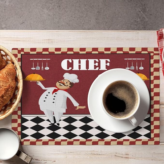 Chef Kitchen Linen Placemats Set of 6 Funny Fat Chef Red Plaid Placemats for Indoor Outdoor Party Home Desktop Dining Room Decor 12x18 Inch