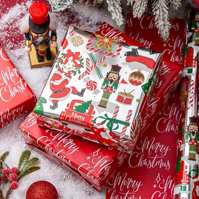 MAYPLUSS Christmas Nutcracker Wrapping Paper - 17 Inch X 33 Feet - Metallic Silver Christmas Tree Santa Claus Candy Cane Reversible Snowflake Gift Wrapping Paper for Holiday Party New Year Kids